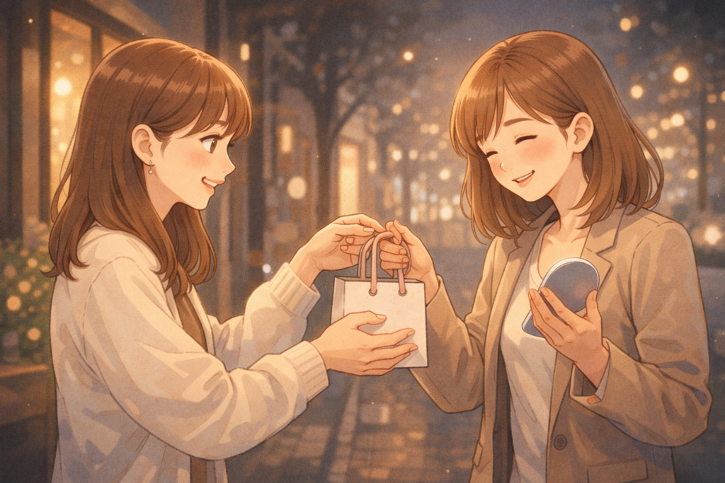 夜のカフェ前でさりげなくギフト袋を手渡し、笑顔になる二人のイラスト