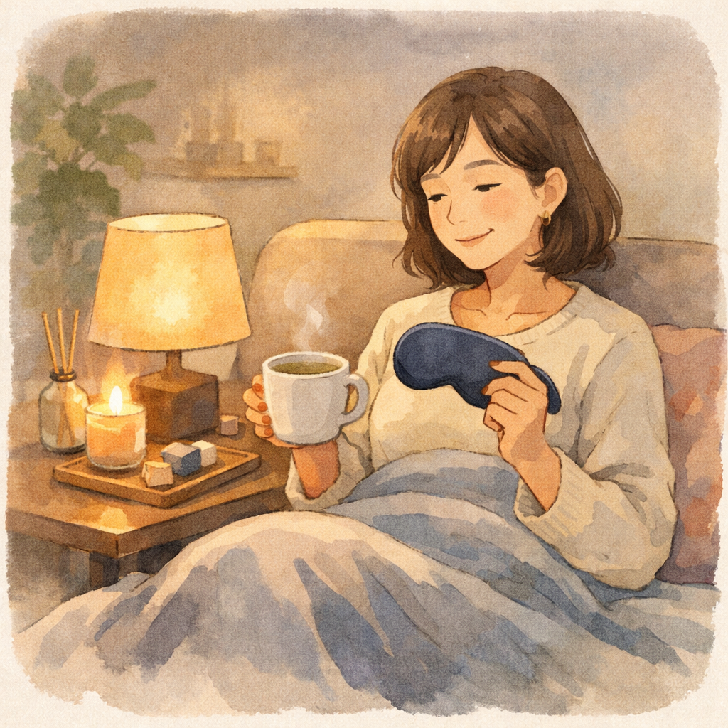 温かい照明の部屋でハーブティーを飲みながらくつろぐ女性のイラスト