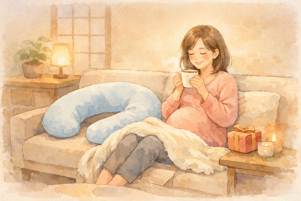 ソファで抱き枕とブランケットに包まれ、温かい飲み物を持ってくつろぐ妊婦のイラスト