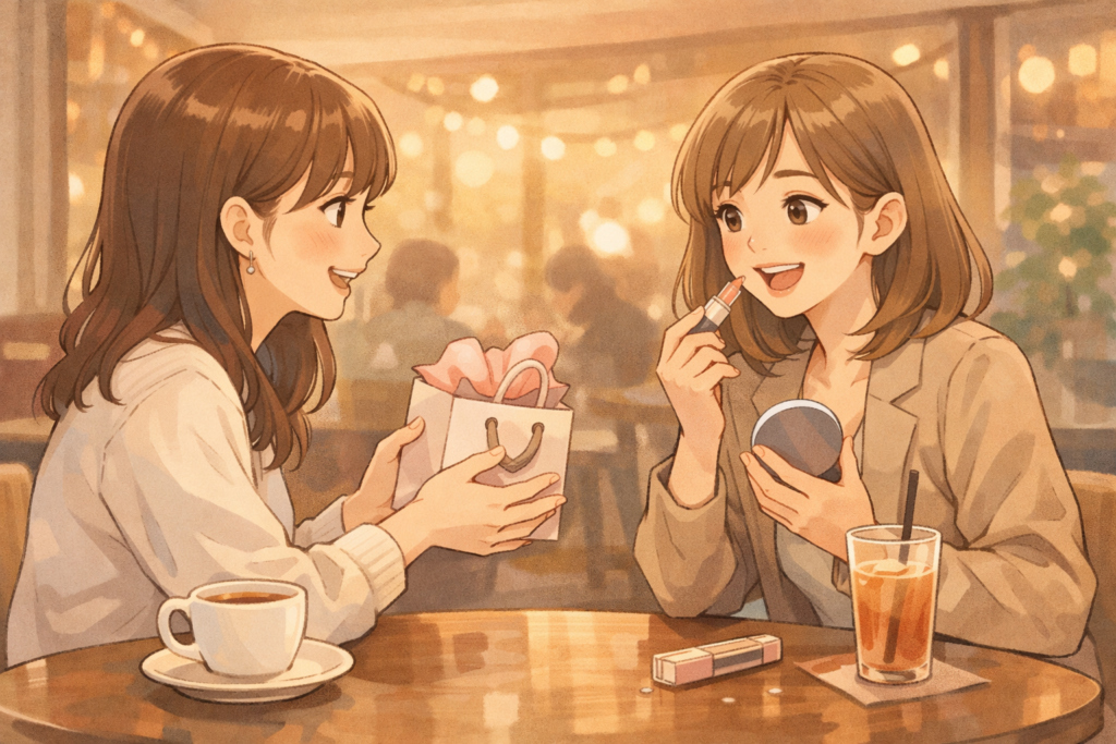 カフェで女友達にリップケアのギフトを渡し、鏡を見ながら喜ぶ様子のイラスト