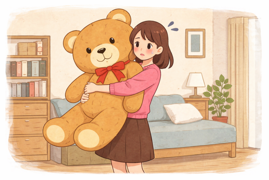 部屋の中で大きすぎるテディベアを抱え、置き場所に困っている女性のイラスト