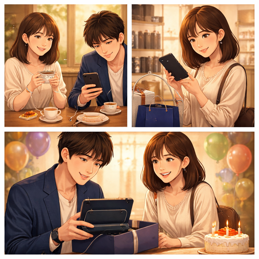 カフェでの何気ない会話をきっかけに、女性が薄型のモバイルバッテリーを選び、誕生日に男性へ贈って喜ばれるまでの流れを描いたイラスト