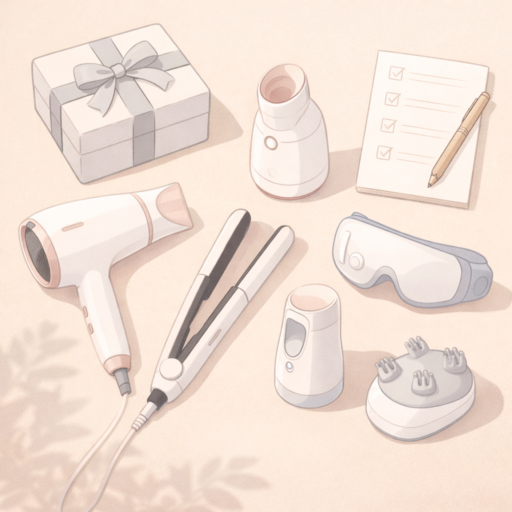 ドライヤーやヘアアイロン、スチーマーなど美容家電が並んだフラットレイ風イラスト