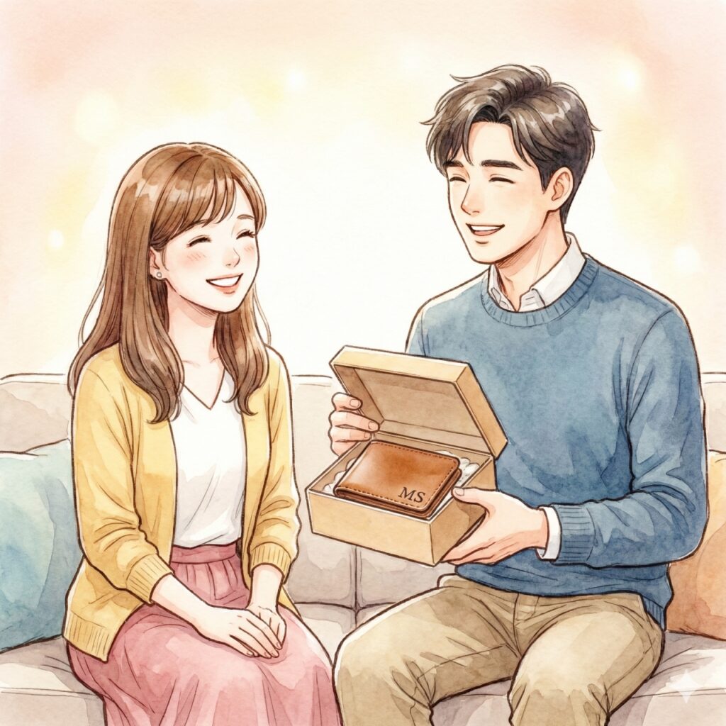 リラックスした部屋で、名入れのプレゼントを手に取り、互いに温かい笑顔で見つめ合うカップルのイラスト。幸福感に包まれている。