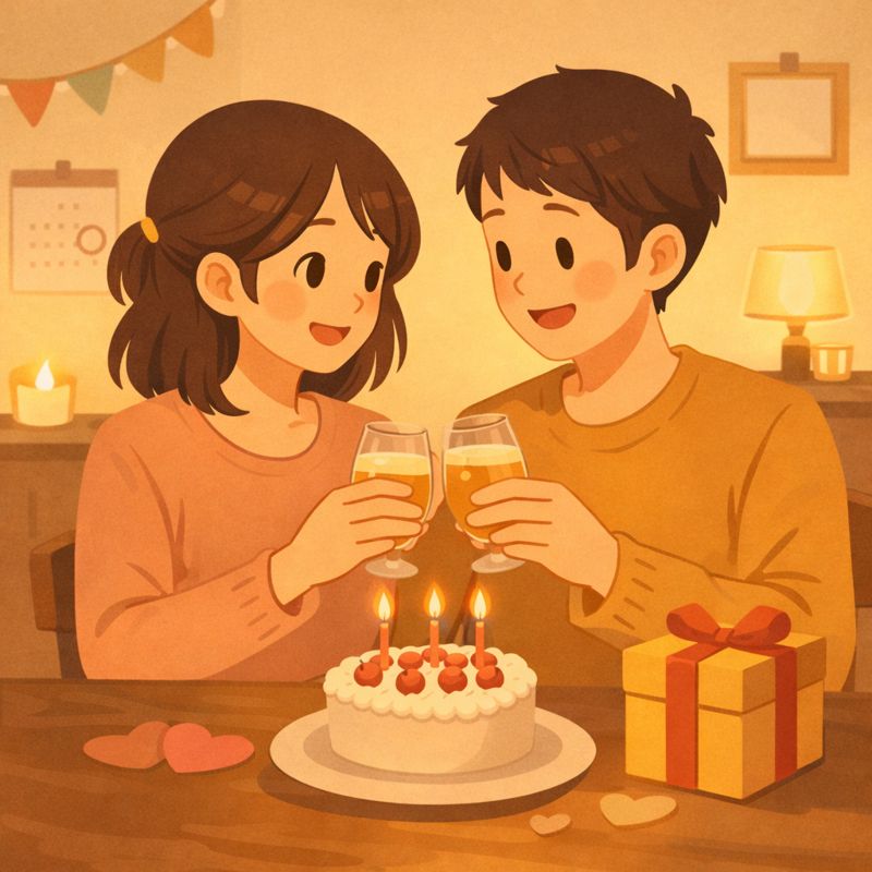 机でハート形のカードを手作りしている女性と、そばにある小さなギフトや文房具のイラスト