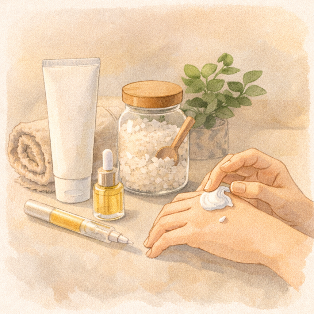 ハンドクリームやバスソルトなどのケア用品と手元の保湿を描いたイラスト