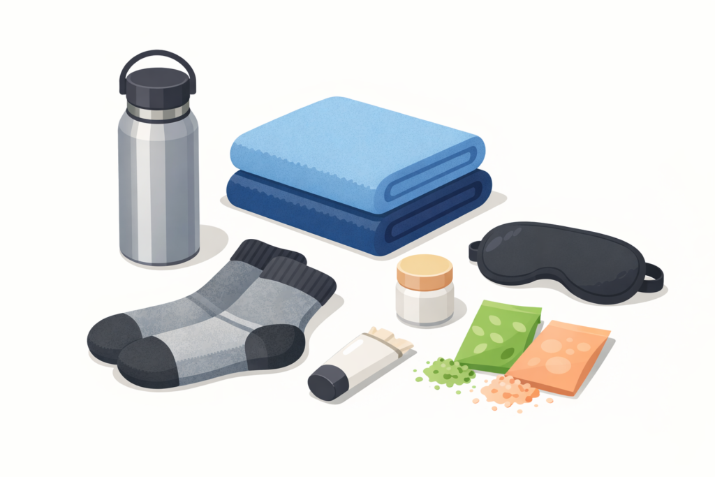 水筒とタオル、靴下、入浴剤、アイマスクなど実用品を並べたイラスト