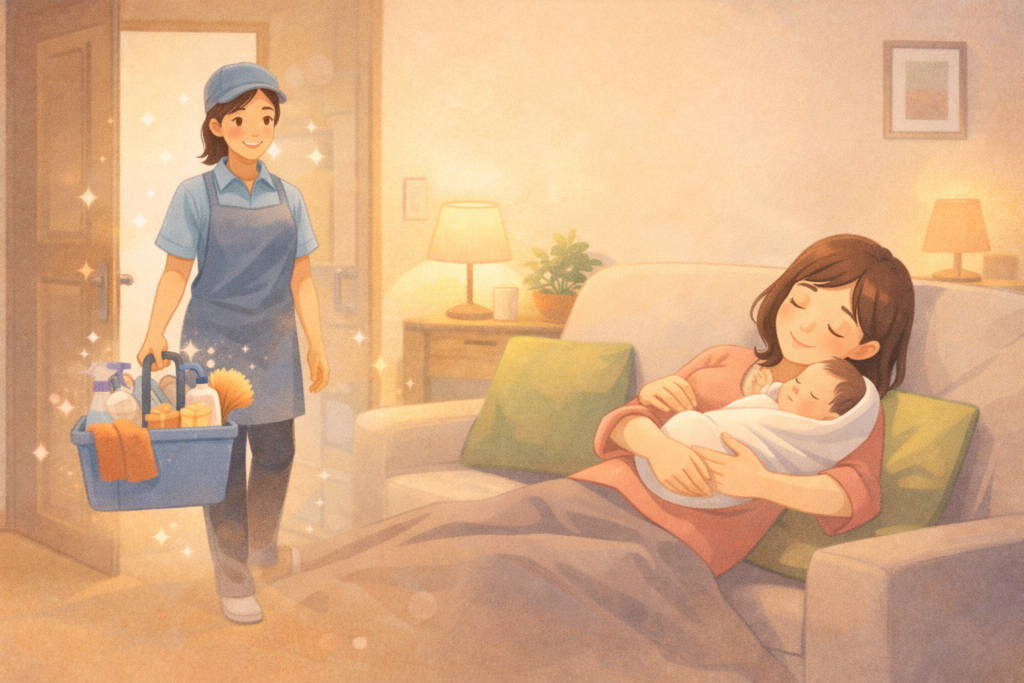 家事代行スタッフが訪問し、赤ちゃんを抱いて休む母親のイラスト。産後の家事負担を軽くするイメージ
