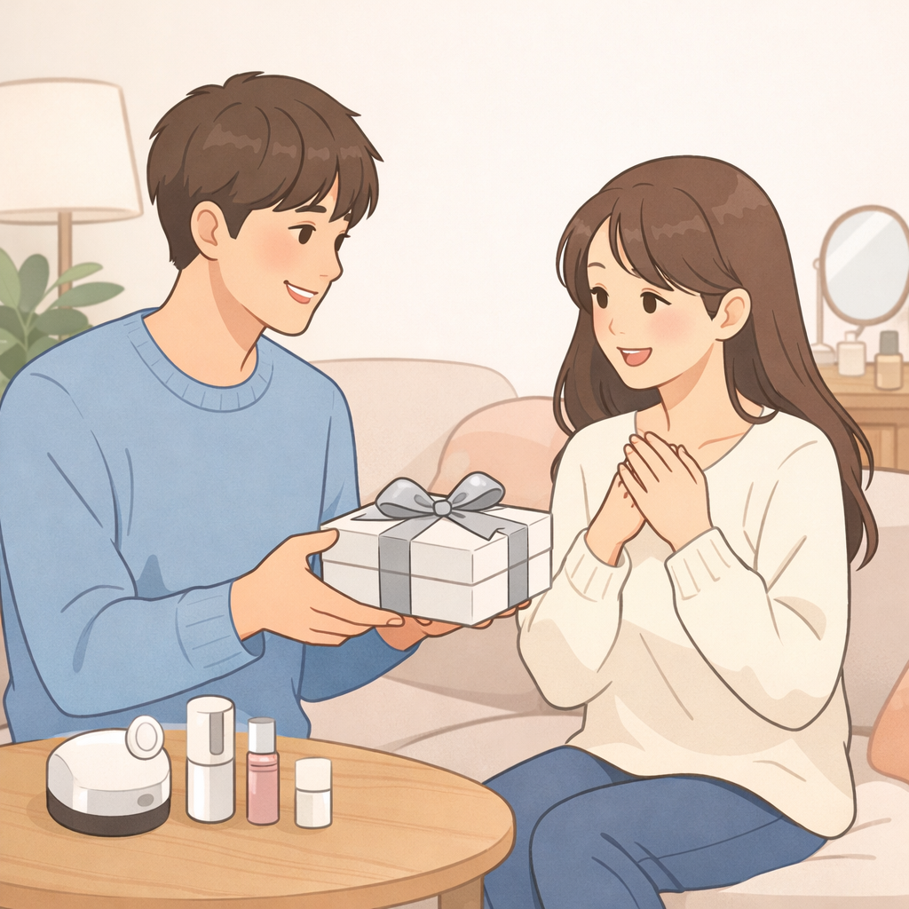 リビングで彼氏が彼女にギフトボックスを渡しているイラスト