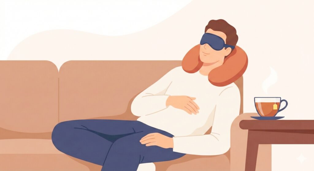 自宅のソファでアイマスクとネックピローを使ってリラックスしている男性のイラスト