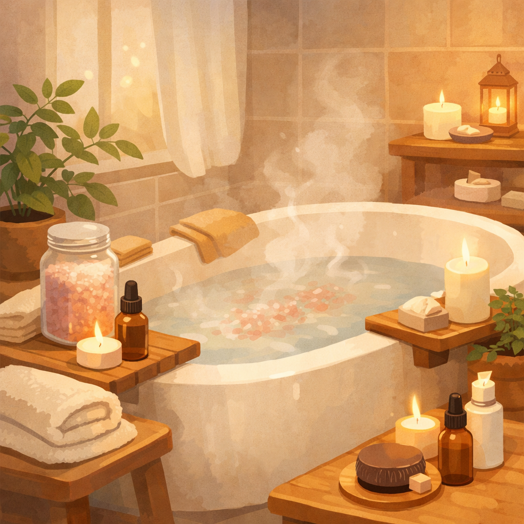 湯気の立つバスタブとバスソルト、キャンドルがある落ち着いたバスルームのイラスト