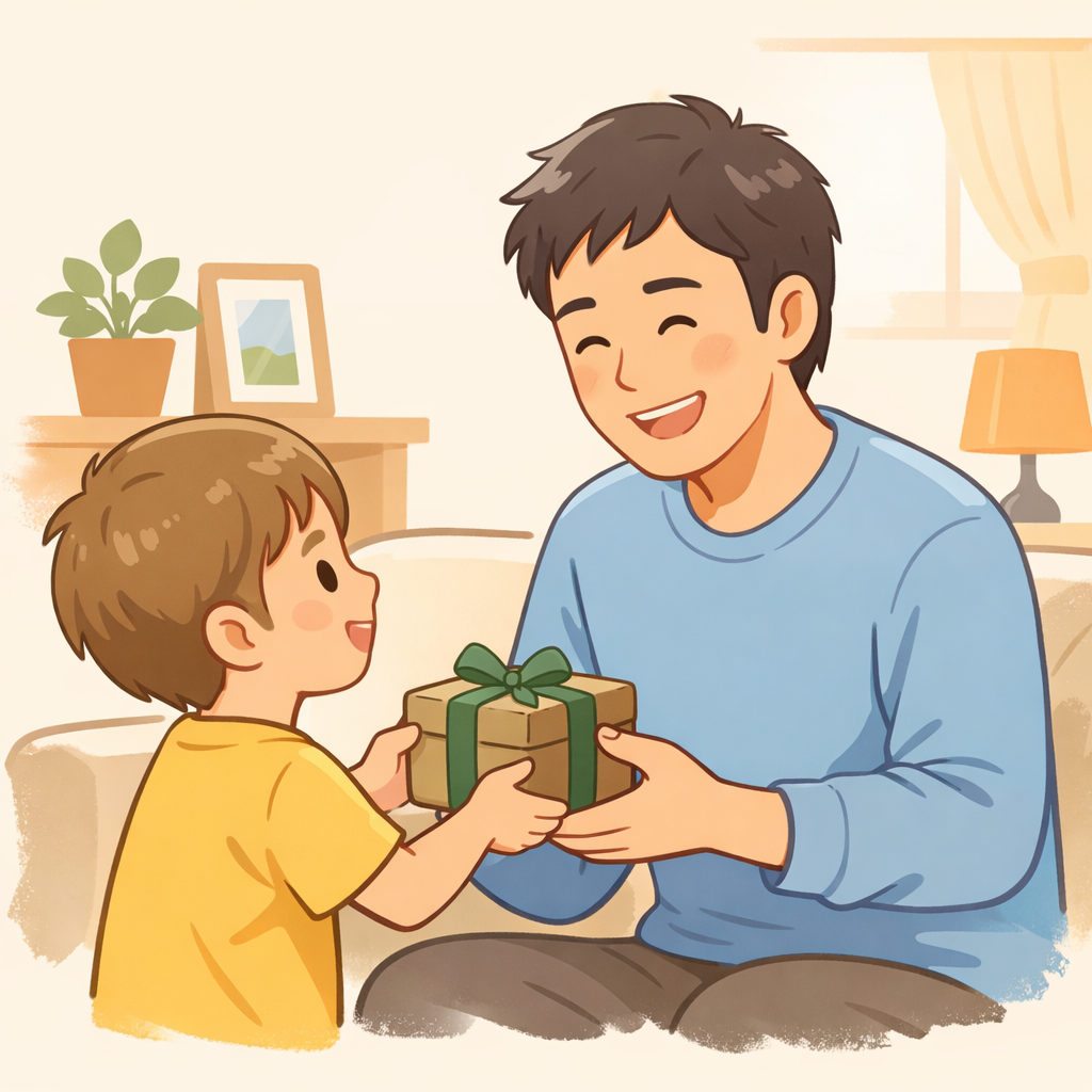 リビングで子どもがお父さんにプレゼントを手渡しているイラスト(文字なし)