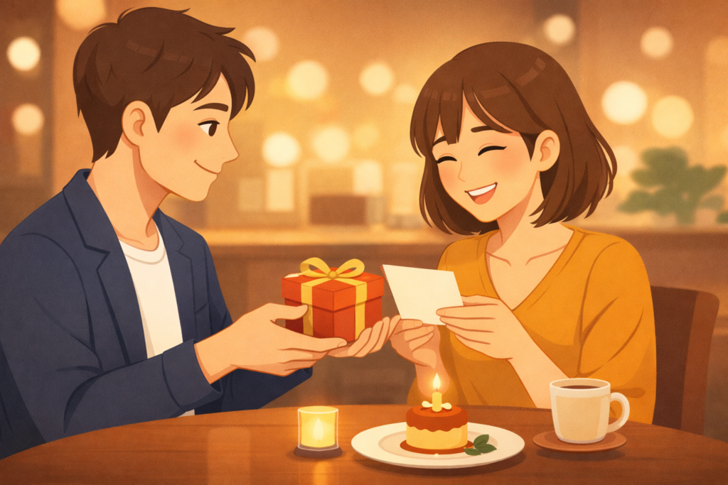 レストランで男性が小さなギフトと白紙のメッセージカードを渡し、女性が笑顔で受け取るイラスト