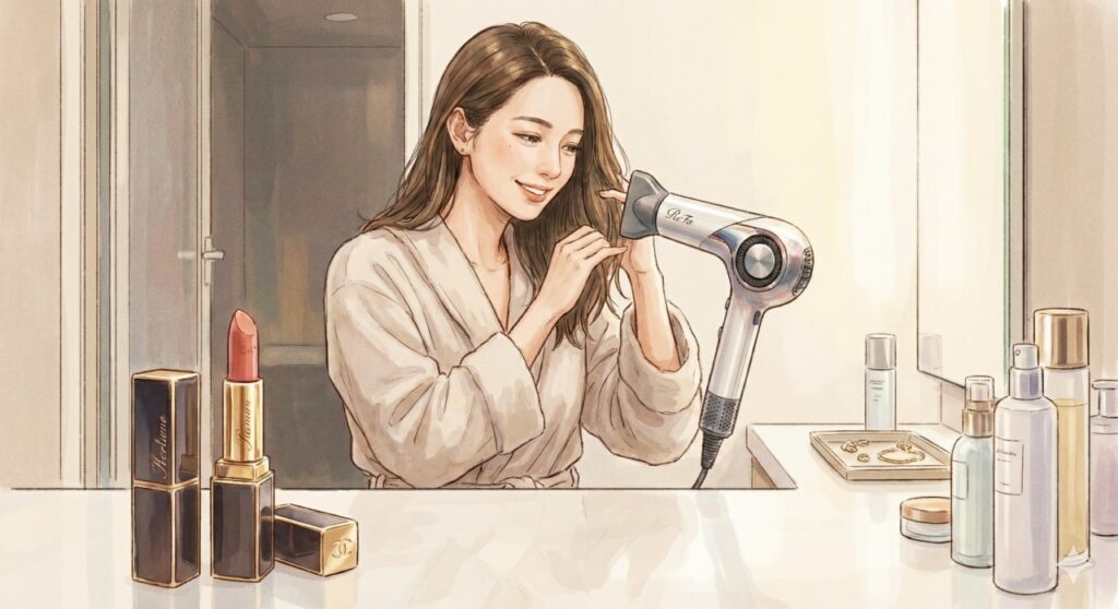 明るい洗面台で、バスローブを着た女性がリファ（ReFa）のような高級ドライヤーを使いながら微笑んでいるイラスト。手前には刻印入りの高級リップスティックやスキンケアボトルが並び、自分を慈しむリラックスした時間を表現している。