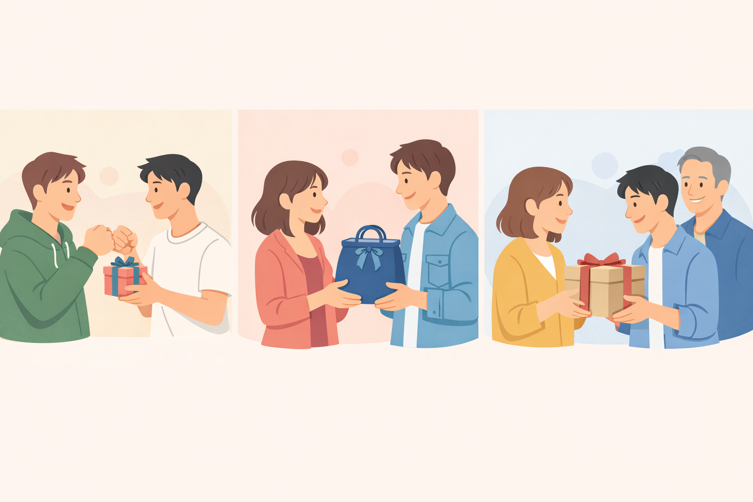 友達、恋人、家族がそれぞれ若い男性にプレゼントを渡す様子のイラスト