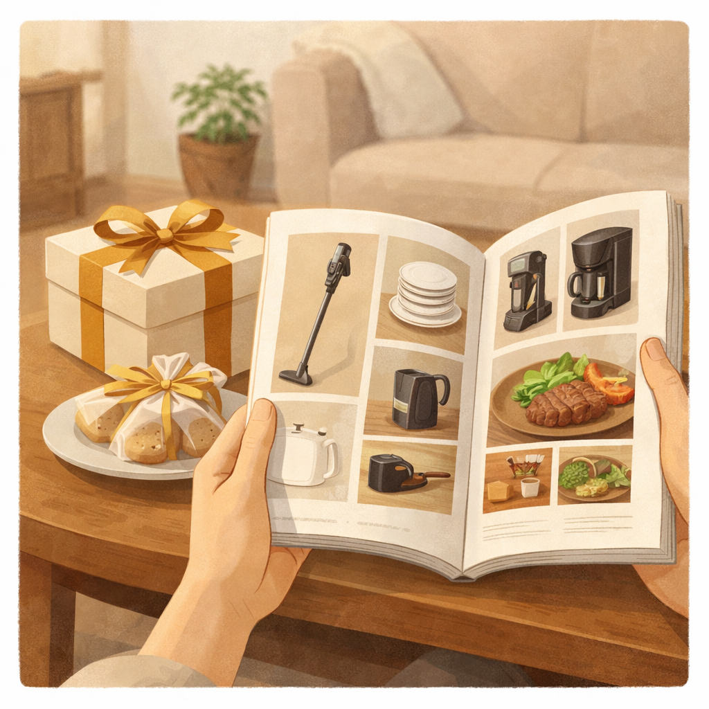 結婚祝いでもらったカタログギフトを見ながら、二人で新生活に必要な品を選んでいる様子