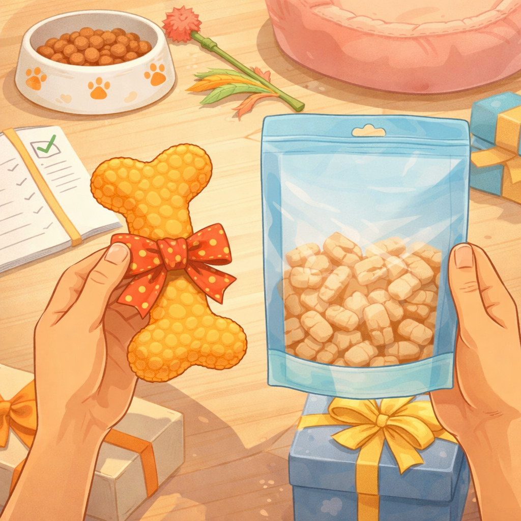 骨型のおもちゃとフリーズドライのおやつ袋を手に持ったペットギフトのイラスト