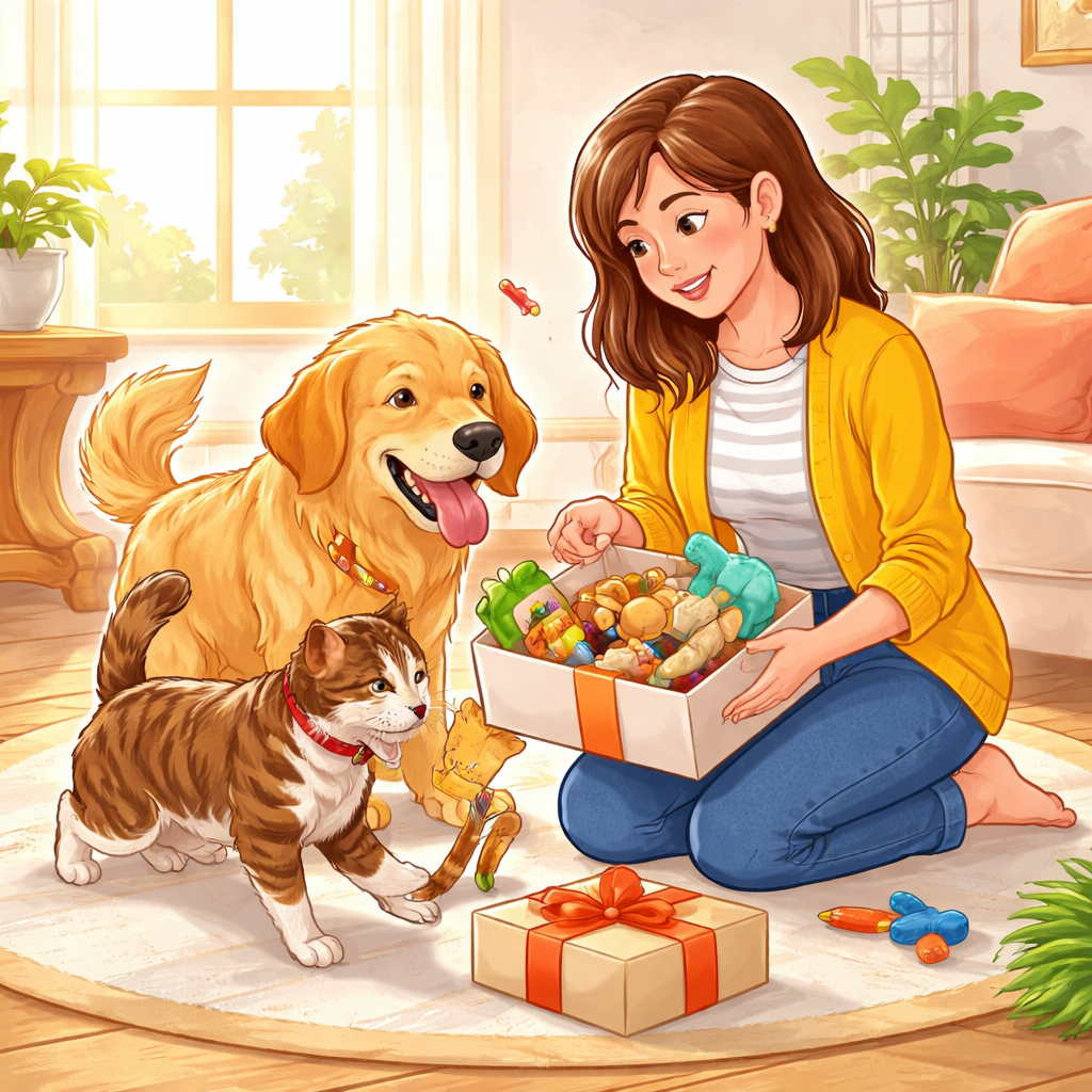 室内で友人が犬と猫にペット用ギフトを見せているイラスト