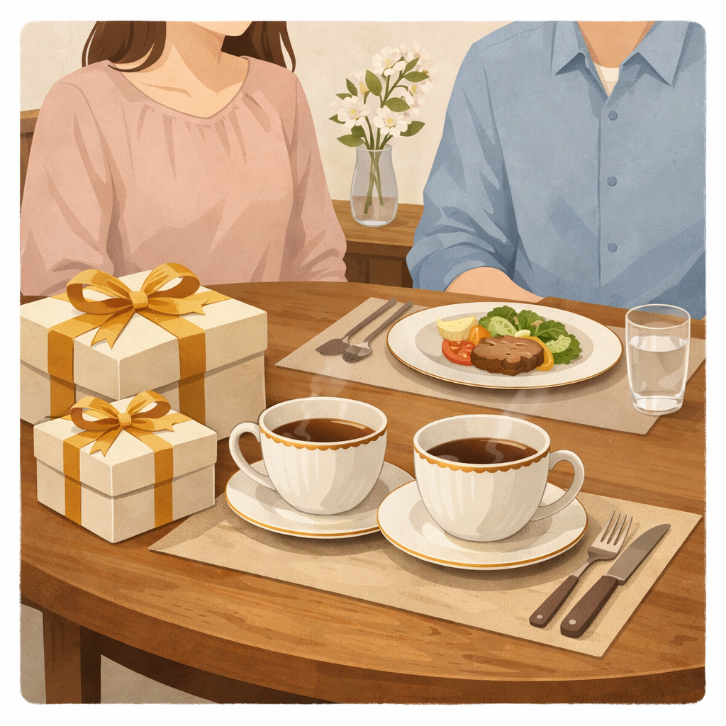 結婚祝いのペア食器とギフトボックスが置かれた、新婚夫婦のあたたかな食卓風景