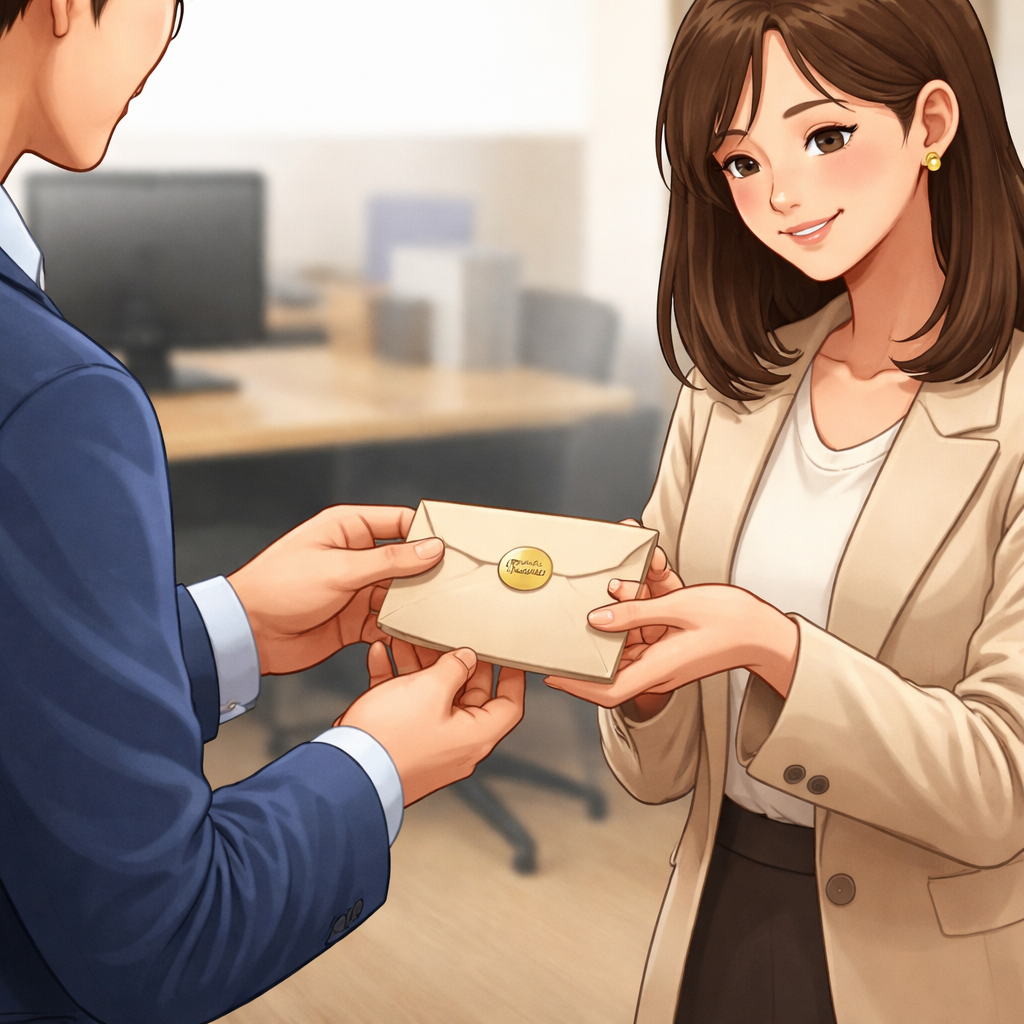 オフィスで男性がラッピングシール付きのミニメッセージカード用封筒を女性に手渡しているイラスト