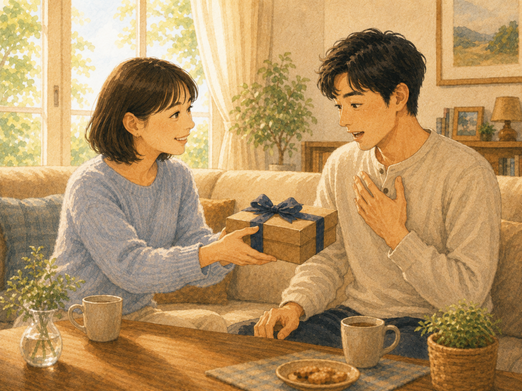 昼間のリビングで妻が夫にプレゼントをわたすイラスト